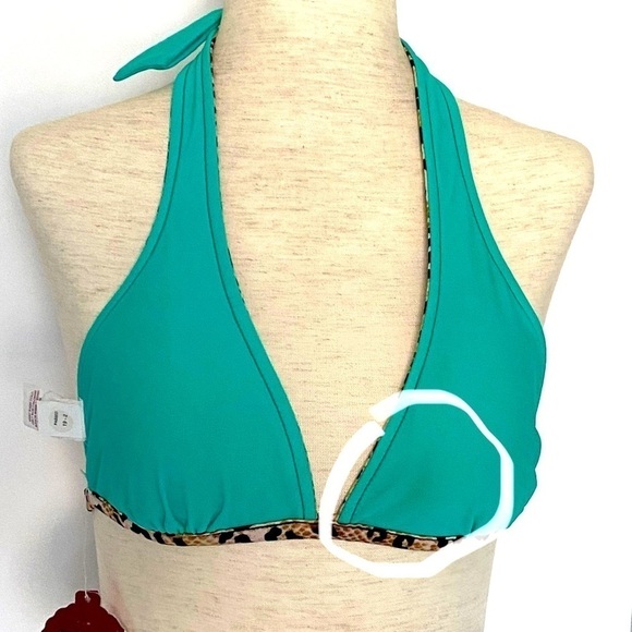 Reversible Halter Tie Bikini Top Junior Sz S Tan Black Animal Print Teal FLAW - Picture 3 of 15